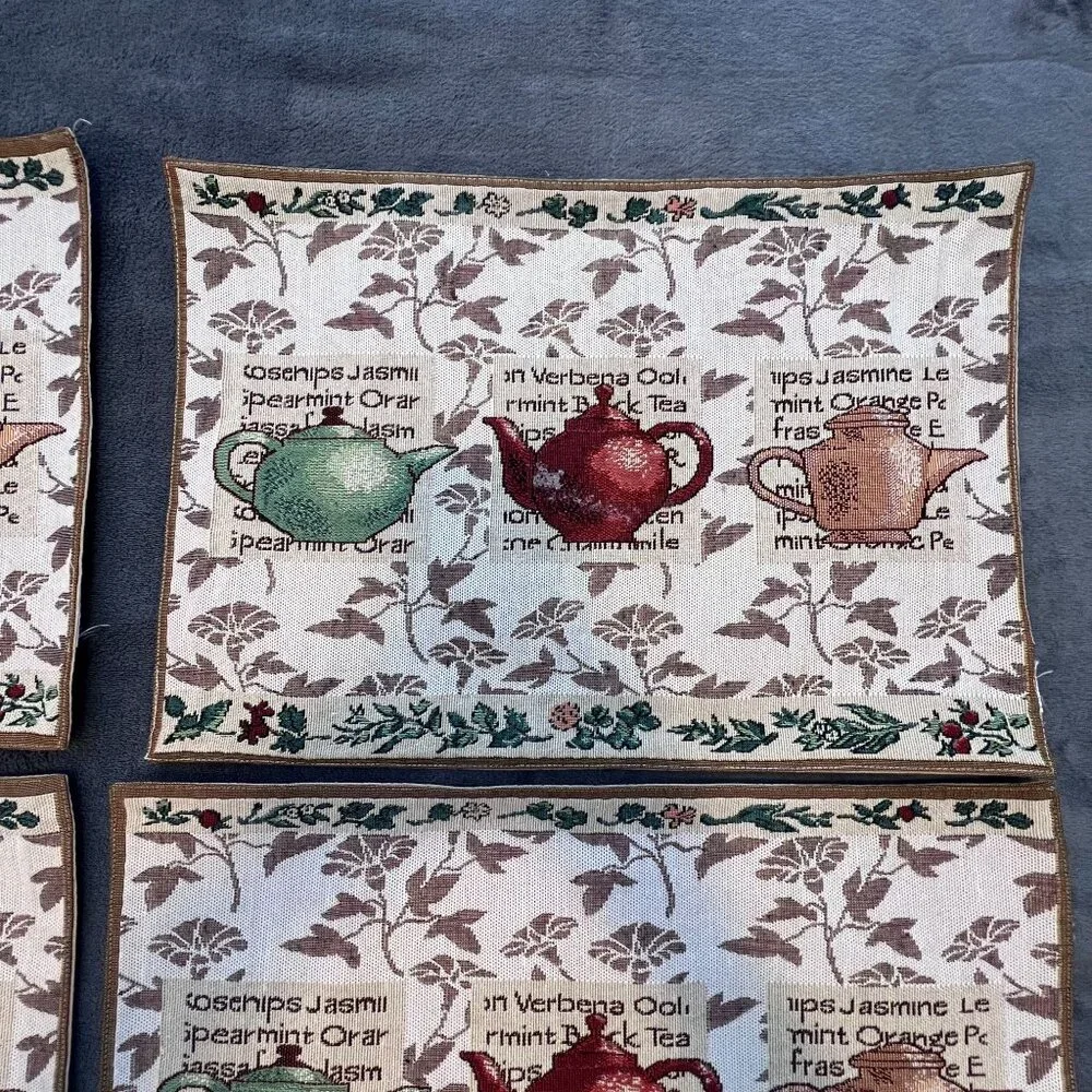 Set Of 4 Vintage Teapot Tapestry Placemats With Herb‎ Motifs Cottagecore